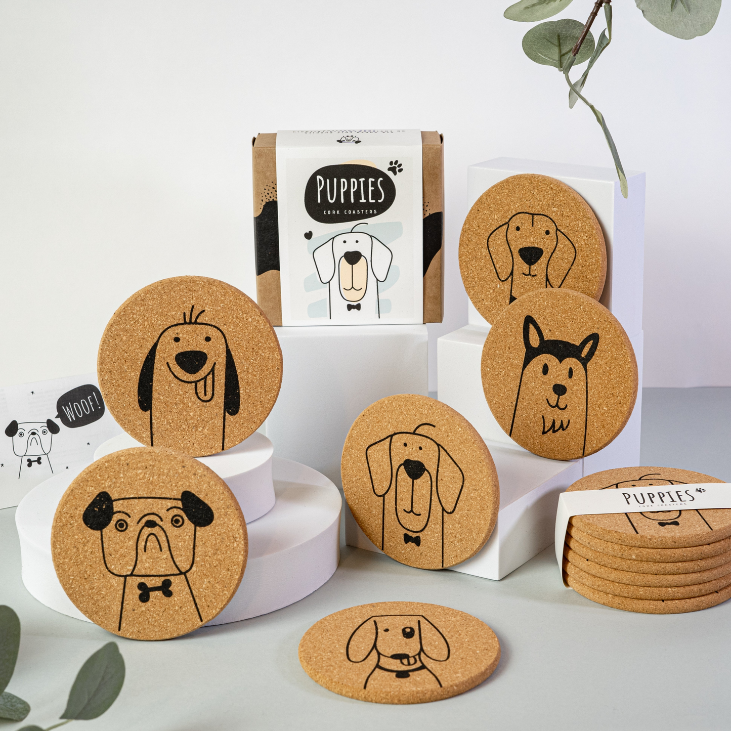 PUPPIES - Cute dog Cork coasters, round, set of 6