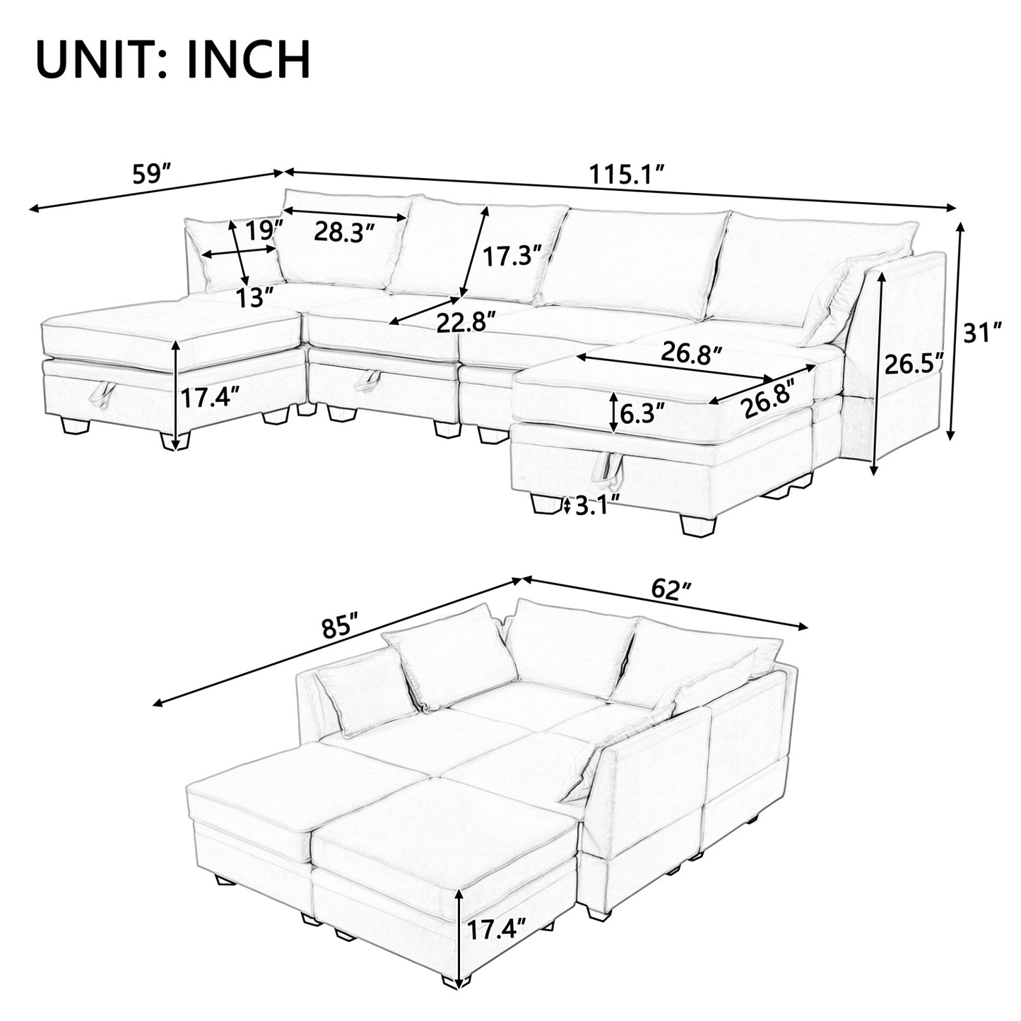 Modern Large U-Shape Modular Sectional Sofa,  Convertible Sofa Bed with Reversible Chaise for Living Room, Storage Seat