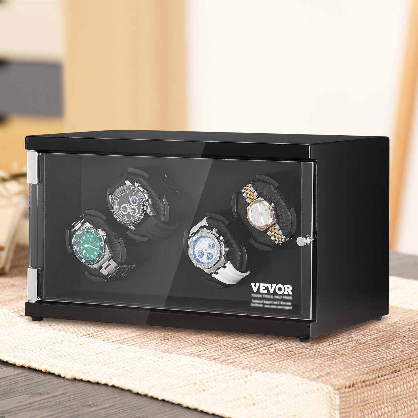 VEVOR Watch Winder, Watch Winder for 4 Men's and Women's Automatic Watches, with 2 Super Quiet Japanese Mabuchi Motors, Blue LED Light and Adapter, High-Density Board Shell and Black PU