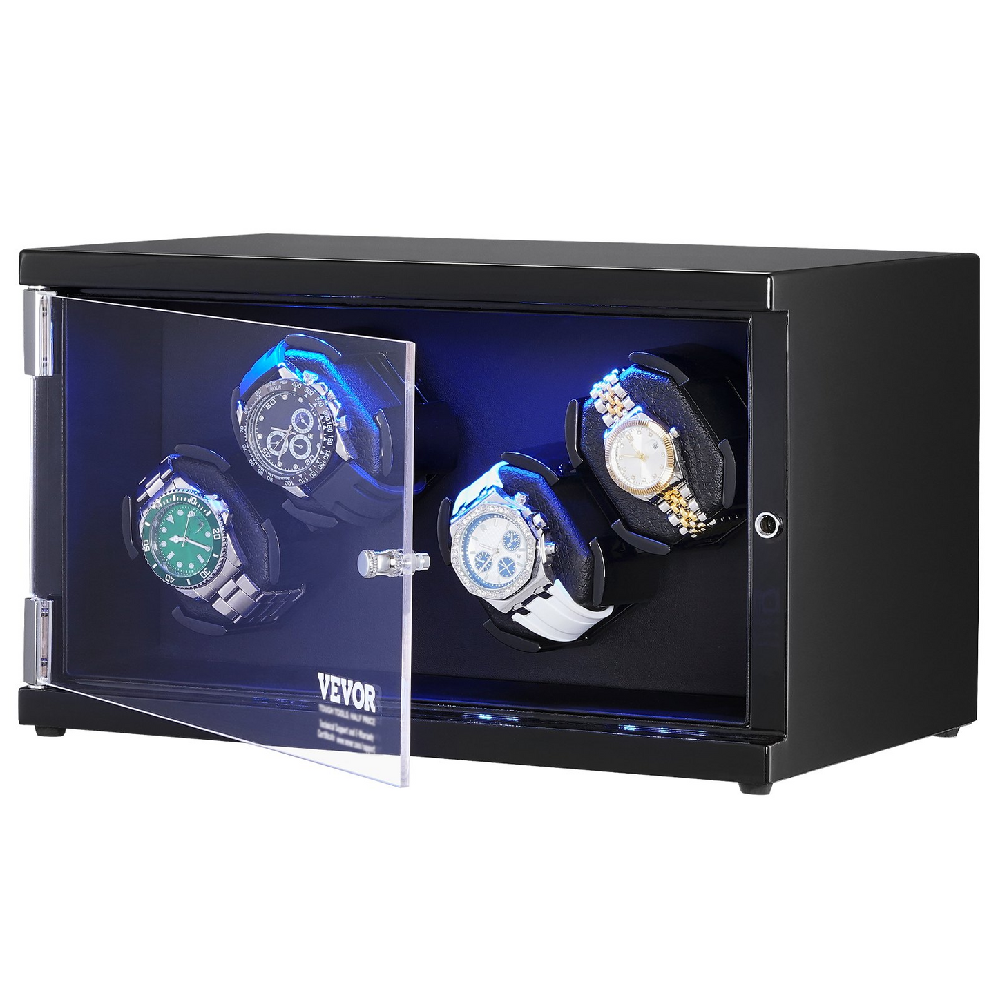 VEVOR Watch Winder, Watch Winder for 4 Men's and Women's Automatic Watches, with 2 Super Quiet Japanese Mabuchi Motors, Blue LED Light and Adapter, High-Density Board Shell and Black PU