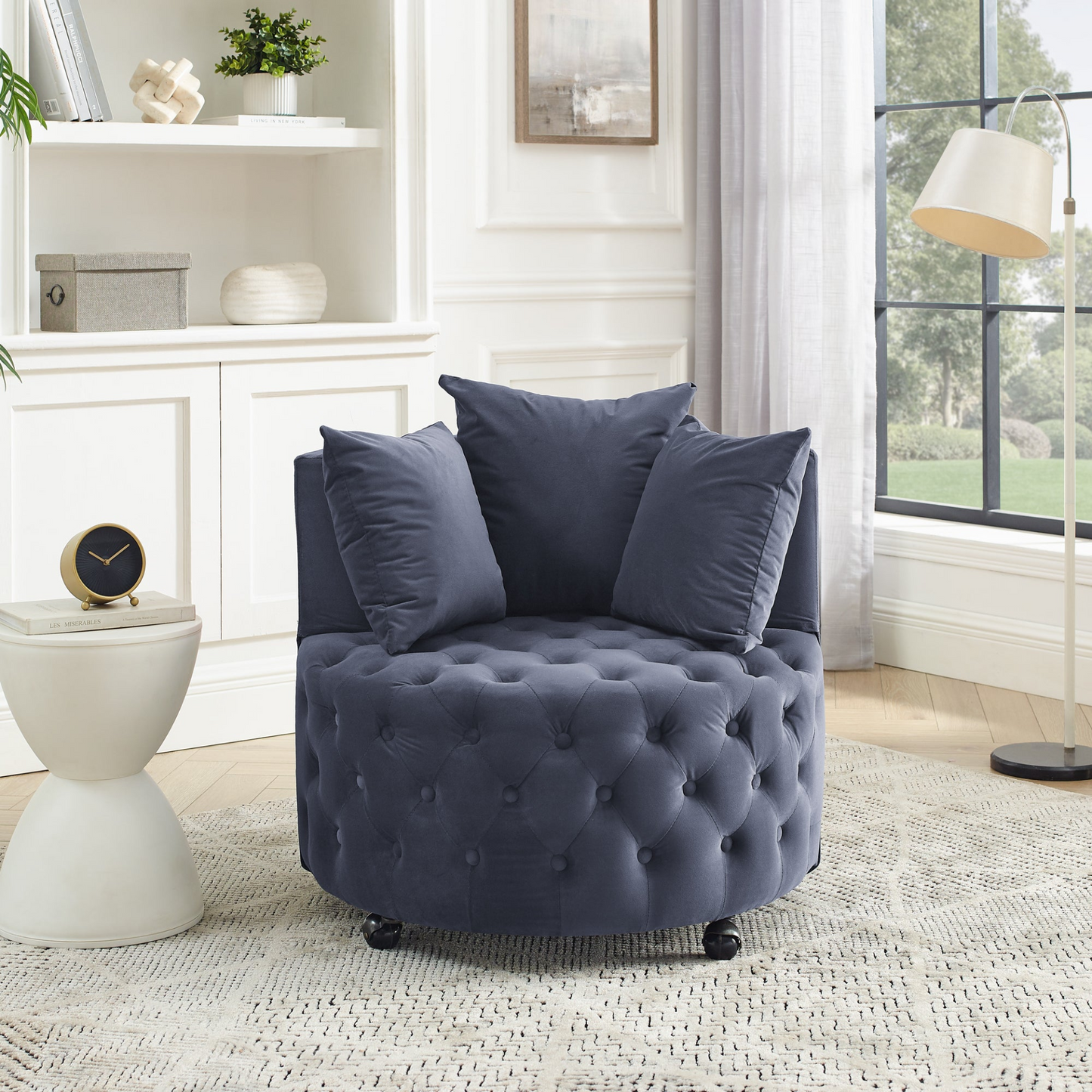 Velvet Upholstered Swivel Chair for Living Room, with Button Tufted Design and Movable Wheels, Including 3 Pillows, Grey