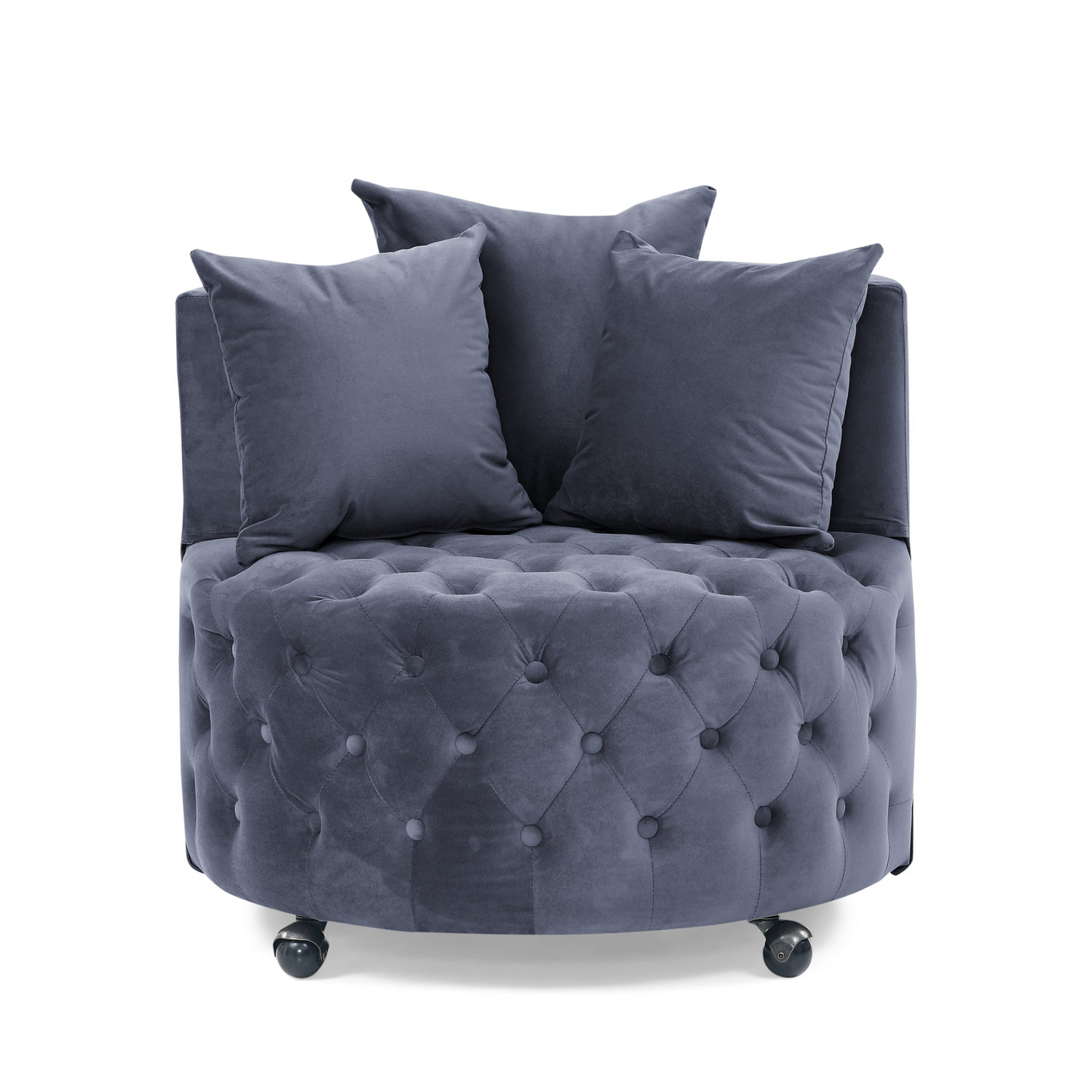 Velvet Upholstered Swivel Chair for Living Room, with Button Tufted Design and Movable Wheels, Including 3 Pillows, Grey