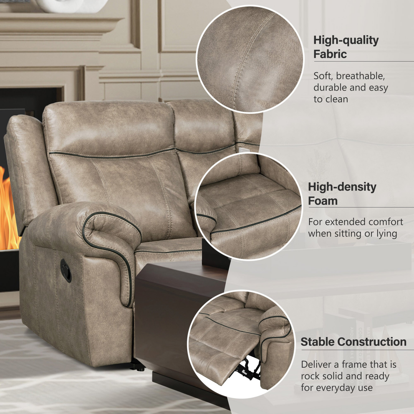 Home Theater Seating Manual Recliner with Cup Holder, Hide-Away Storage, 2 USB Ports and 2 Power Sockets for Living Room, Home Theater, Brown