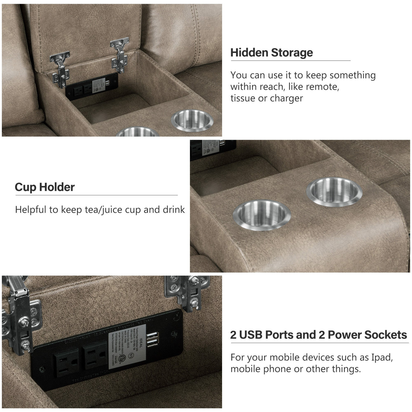 Home Theater Seating Manual Recliner with Cup Holder, Hide-Away Storage, 2 USB Ports and 2 Power Sockets for Living Room, Home Theater, Brown