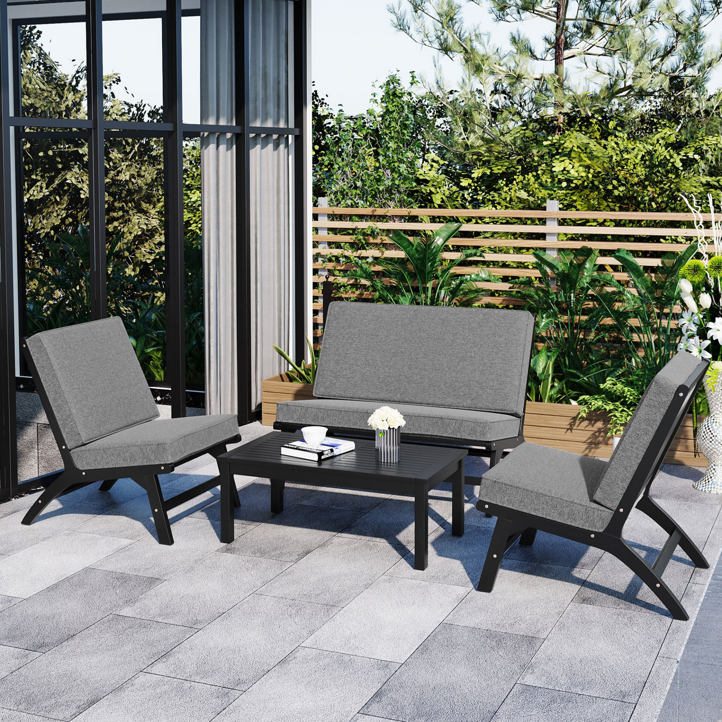 4-Piece V-shaped Seats set, Acacia Solid Wood Outdoor Sofa, Garden Furniture, Outdoor seating, Black And Gray