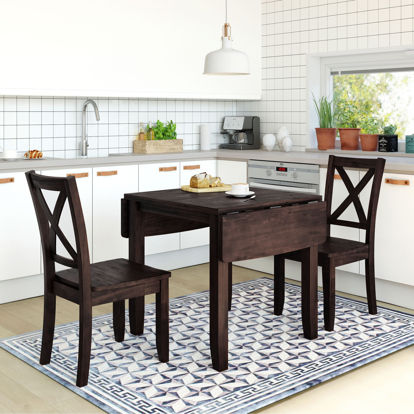 3-Piece Wood Drop Leaf Breakfast Nook Dining Table Set with 2 X-back Chairs for Small Places, Espresso