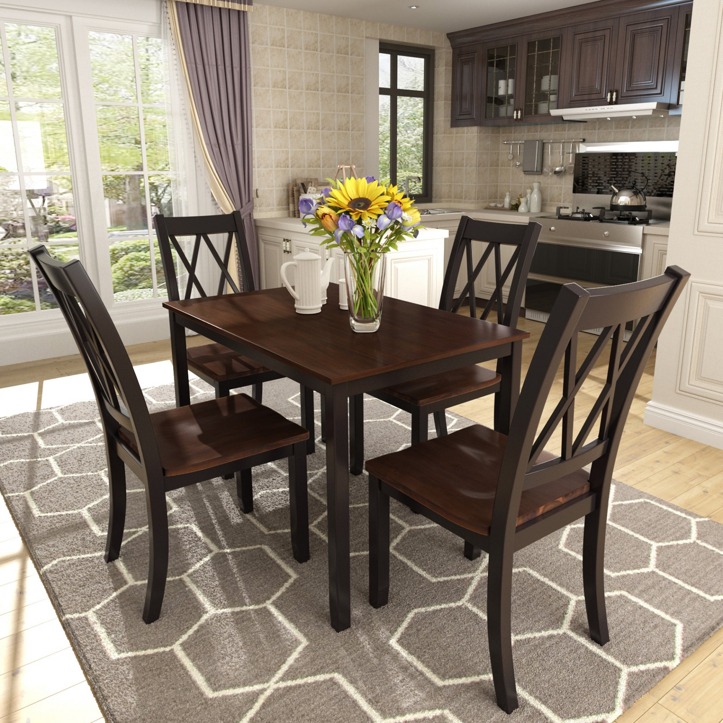 5-Piece Dining Table Set Home Kitchen Table and Chairs Wood Dining Set, Black+Cherry