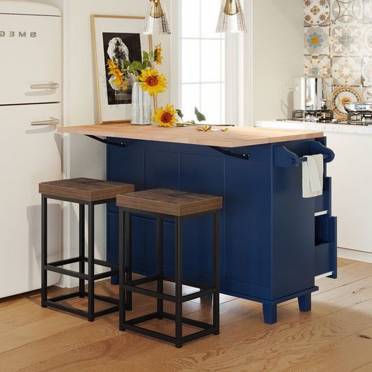 Farmhouse Kitchen Island Set with Drop Leaf and 2 Seatings,Dining Table Set with Storage Cabinet, Drawers and Towel Rack, Blue+Black+Brown