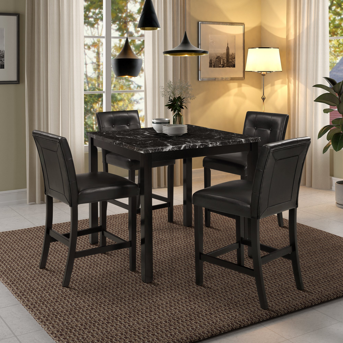 5-Piece Kitchen Table Set Faux Marble Top Counter Height Dining Table Set with 4 PU Leather-Upholstered Chairs, Black