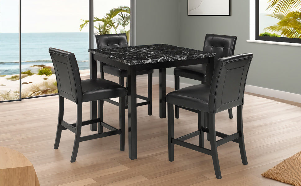 5-Piece Kitchen Table Set Faux Marble Top Counter Height Dining Table Set with 4 PU Leather-Upholstered Chairs, Black