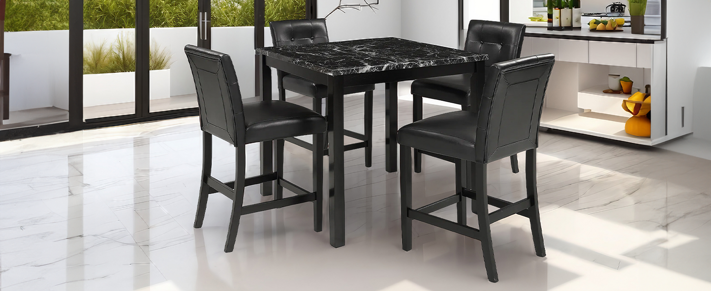 5-Piece Kitchen Table Set Faux Marble Top Counter Height Dining Table Set with 4 PU Leather-Upholstered Chairs, Black