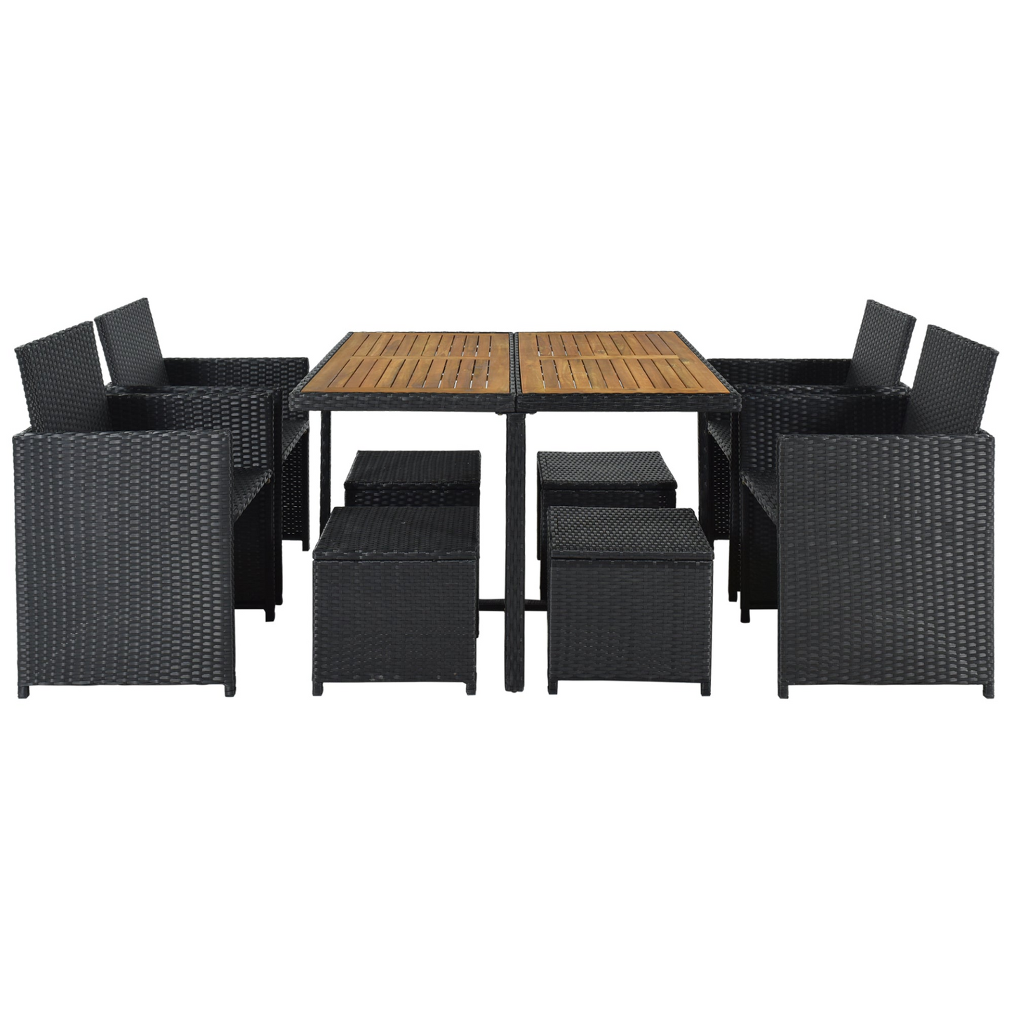 Patio All-Weather PE Wicker Dining Table Set with Wood Tabletop for 8, Black Rattan+Beige Cushion (9-Piece)