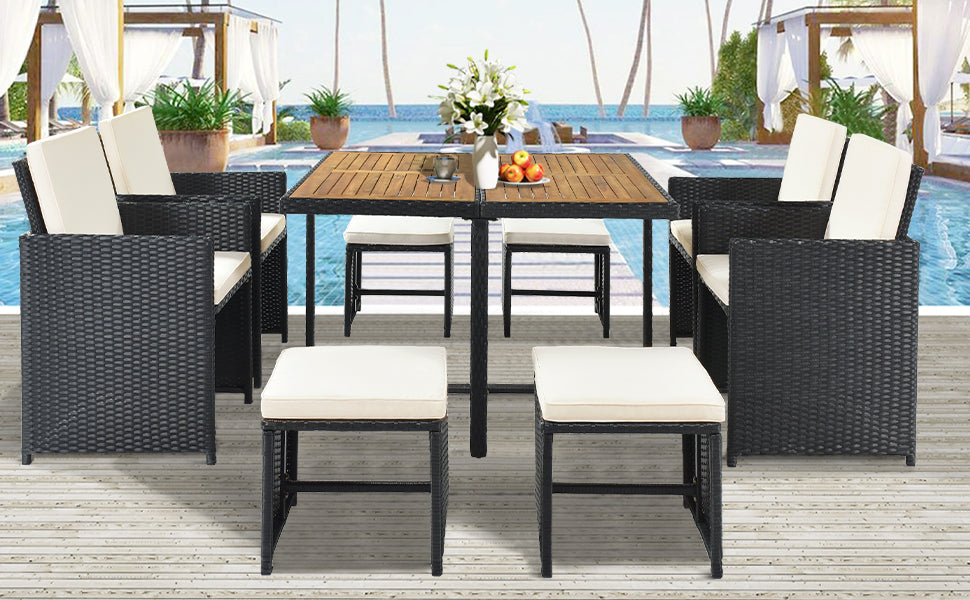 Patio All-Weather PE Wicker Dining Table Set with Wood Tabletop for 8, Black Rattan+Beige Cushion (9-Piece)