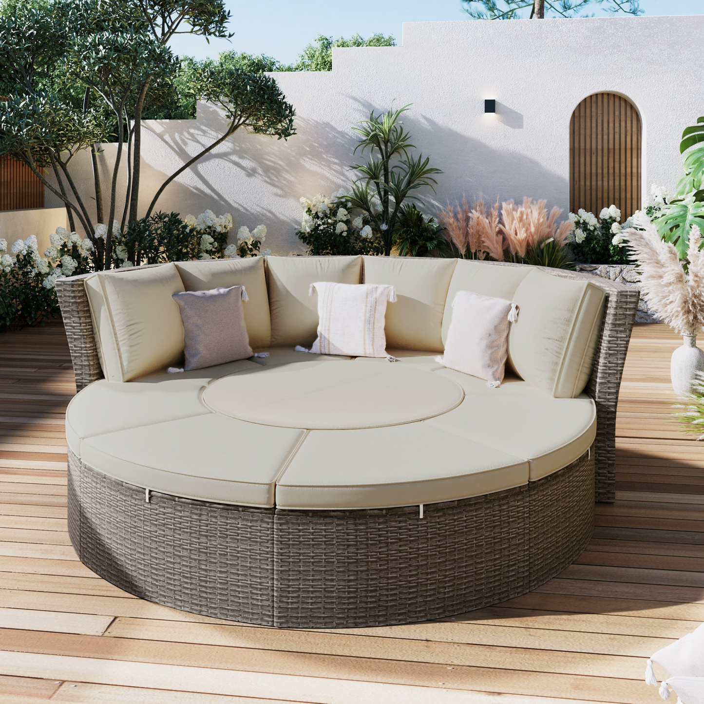 Patio 5-Piece Round Rattan Sectional Sofa Set All-Weather PE Wicker Sunbed Daybed with Round Liftable Table and Washable Cushions for Outdoor Backyard Poolside, Gray