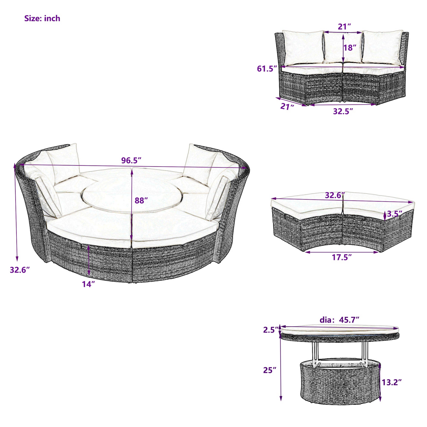 Patio 5-Piece Round Rattan Sectional Sofa Set All-Weather PE Wicker Sunbed Daybed with Round Liftable Table and Washable Cushions for Outdoor Backyard Poolside, Gray