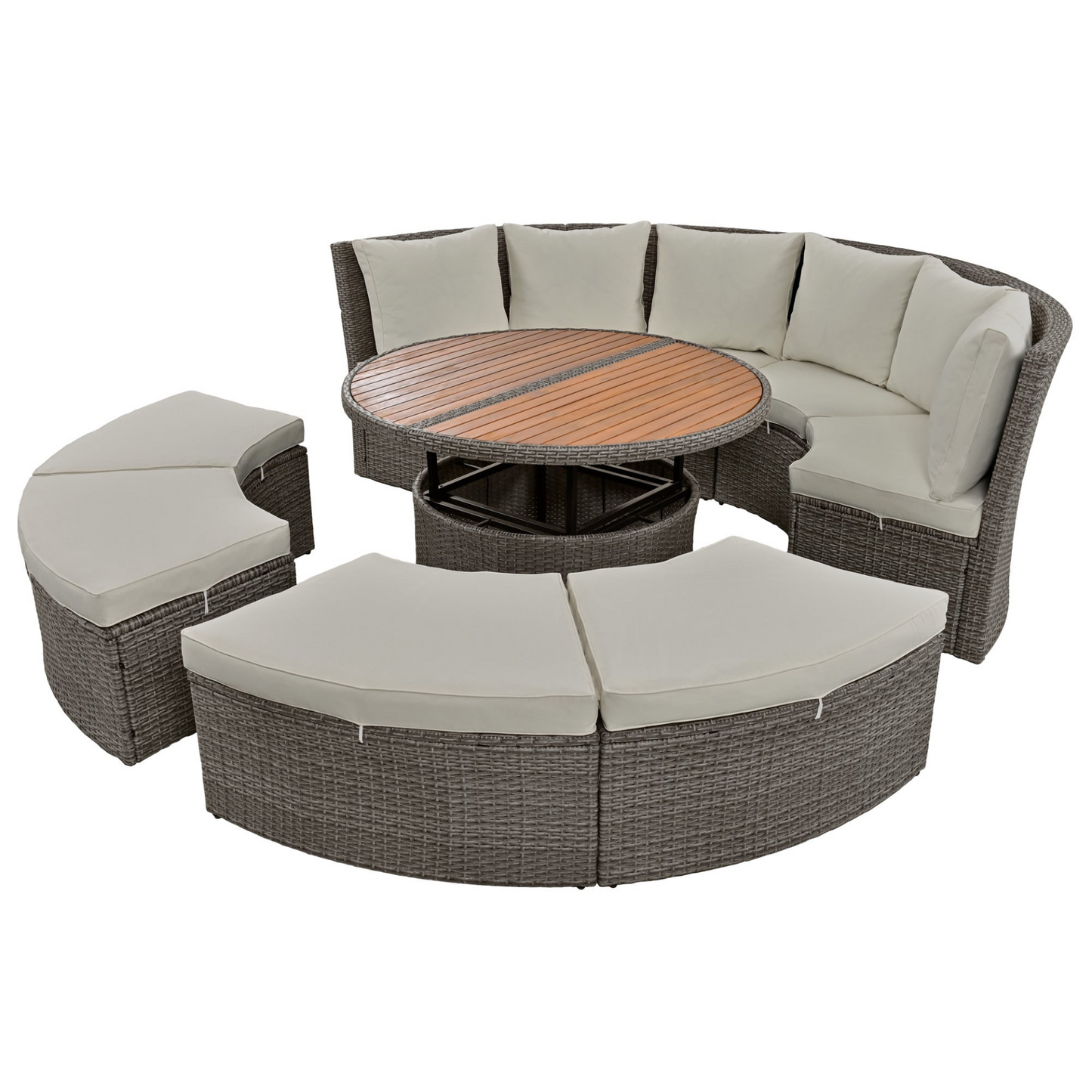 Patio 5-Piece Round Rattan Sectional Sofa Set All-Weather PE Wicker Sunbed Daybed with Round Liftable Table and Washable Cushions for Outdoor Backyard Poolside, Gray