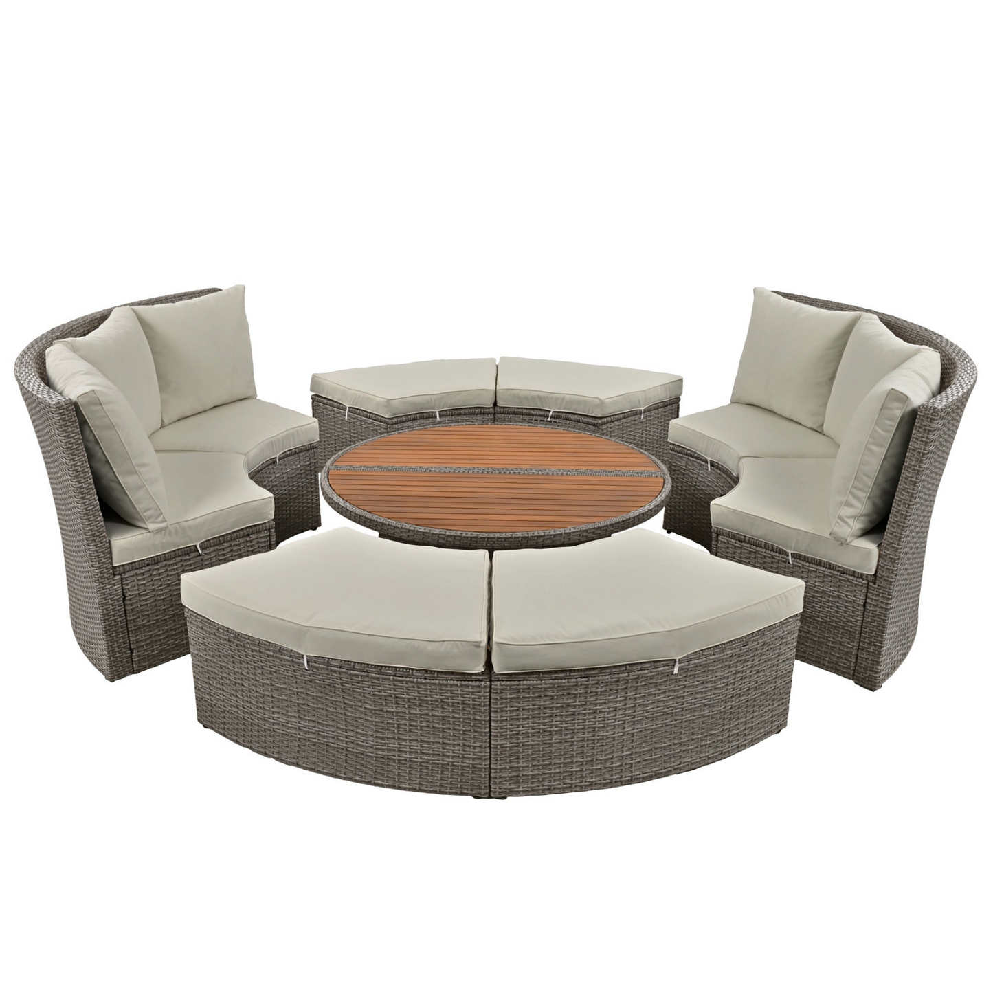 Patio 5-Piece Round Rattan Sectional Sofa Set All-Weather PE Wicker Sunbed Daybed with Round Liftable Table and Washable Cushions for Outdoor Backyard Poolside, Gray