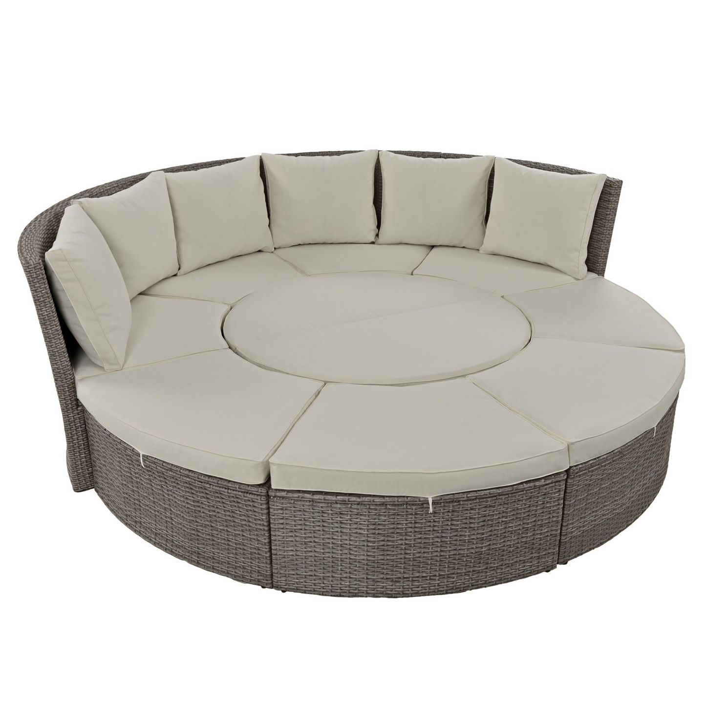 Patio 5-Piece Round Rattan Sectional Sofa Set All-Weather PE Wicker Sunbed Daybed with Round Liftable Table and Washable Cushions for Outdoor Backyard Poolside, Gray