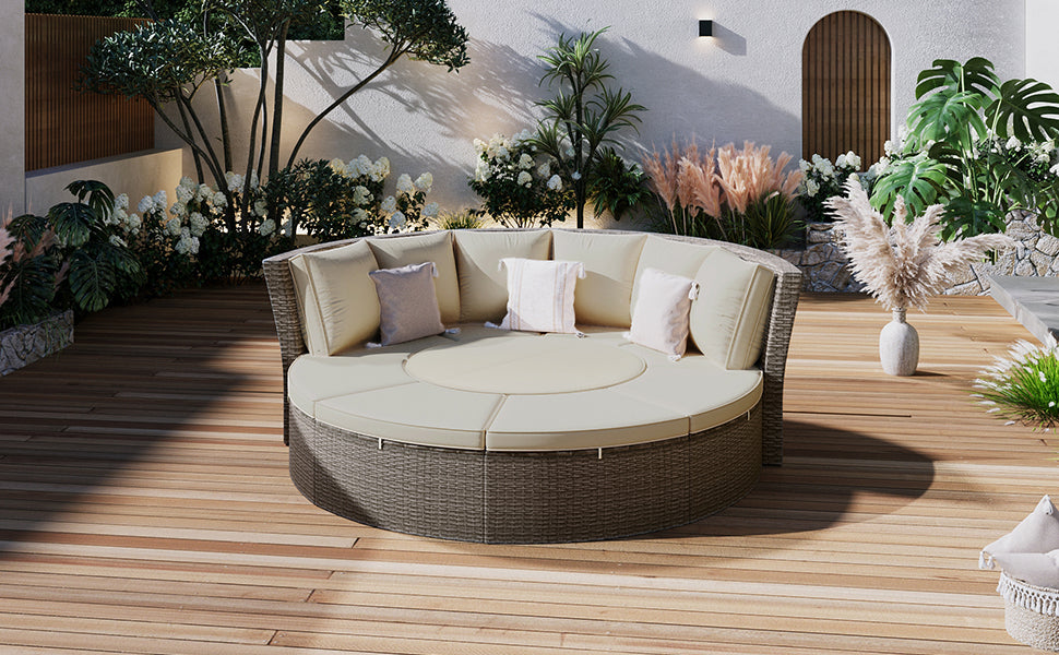 Patio 5-Piece Round Rattan Sectional Sofa Set All-Weather PE Wicker Sunbed Daybed with Round Liftable Table and Washable Cushions for Outdoor Backyard Poolside, Gray