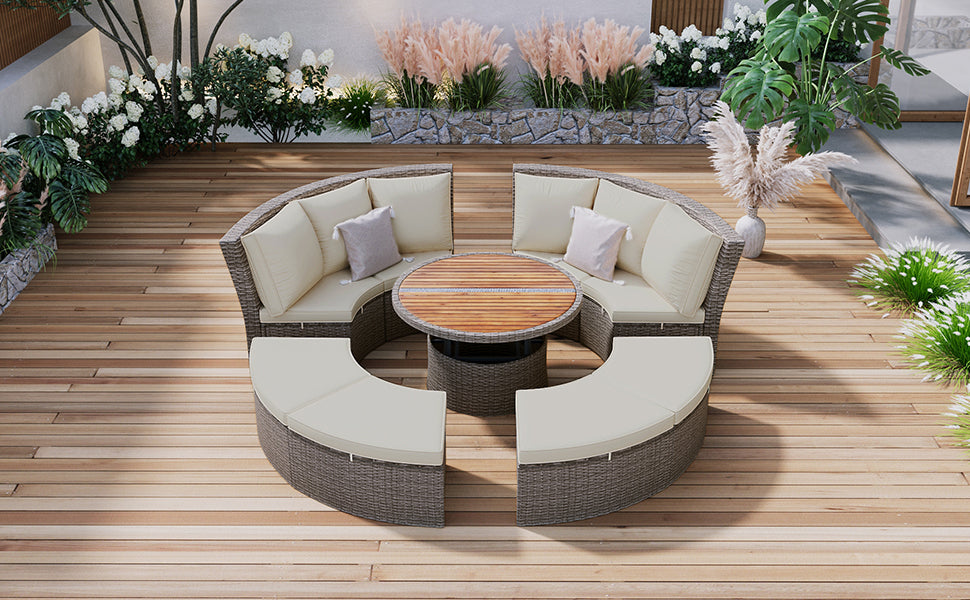 Patio 5-Piece Round Rattan Sectional Sofa Set All-Weather PE Wicker Sunbed Daybed with Round Liftable Table and Washable Cushions for Outdoor Backyard Poolside, Gray