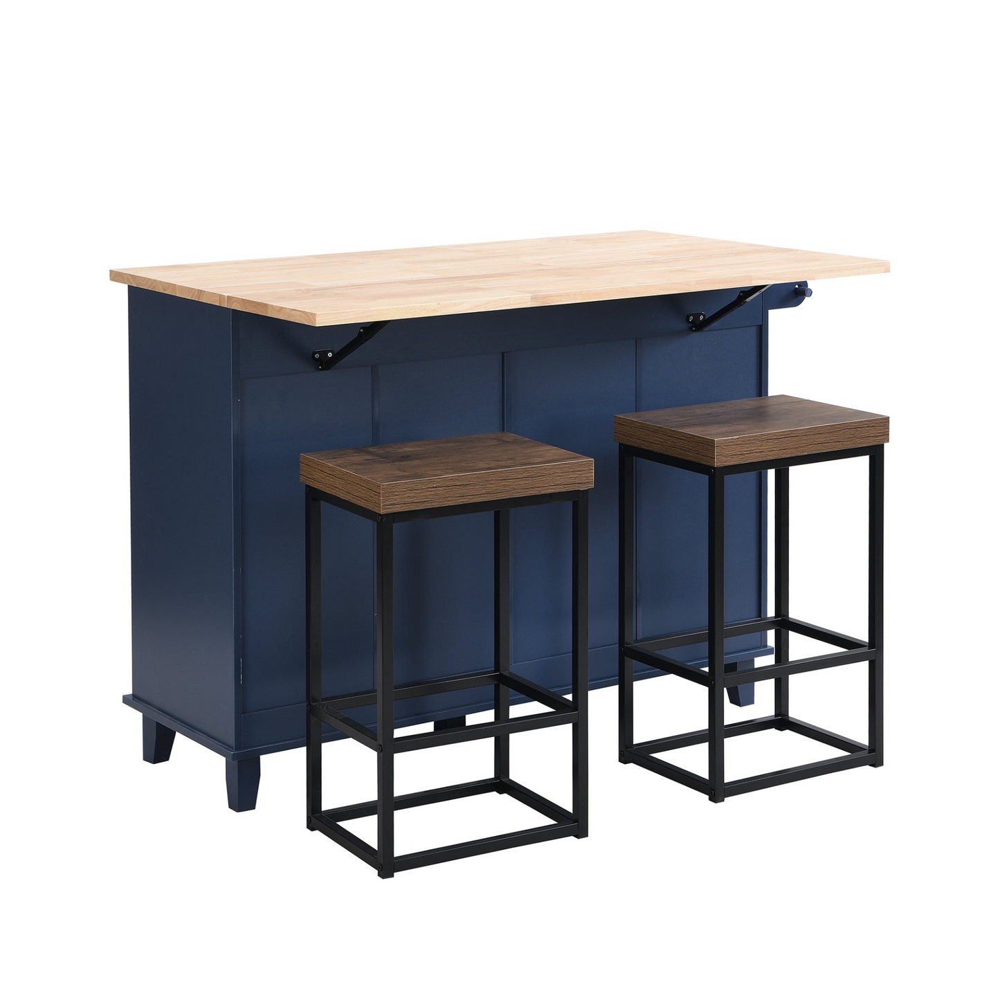 Farmhouse Kitchen Island Set with Drop Leaf and 2 Seatings,Dining Table Set with Storage Cabinet, Drawers and Towel Rack, Blue+Black+Brown