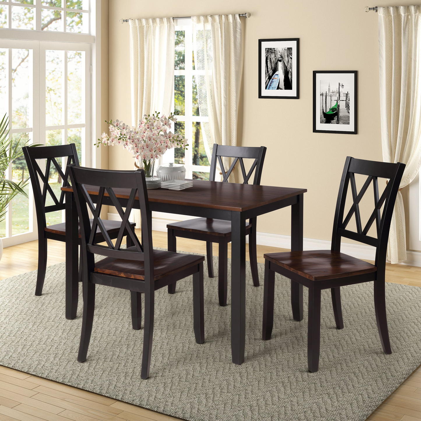 5-Piece Dining Table Set Home Kitchen Table and Chairs Wood Dining Set, Black+Cherry