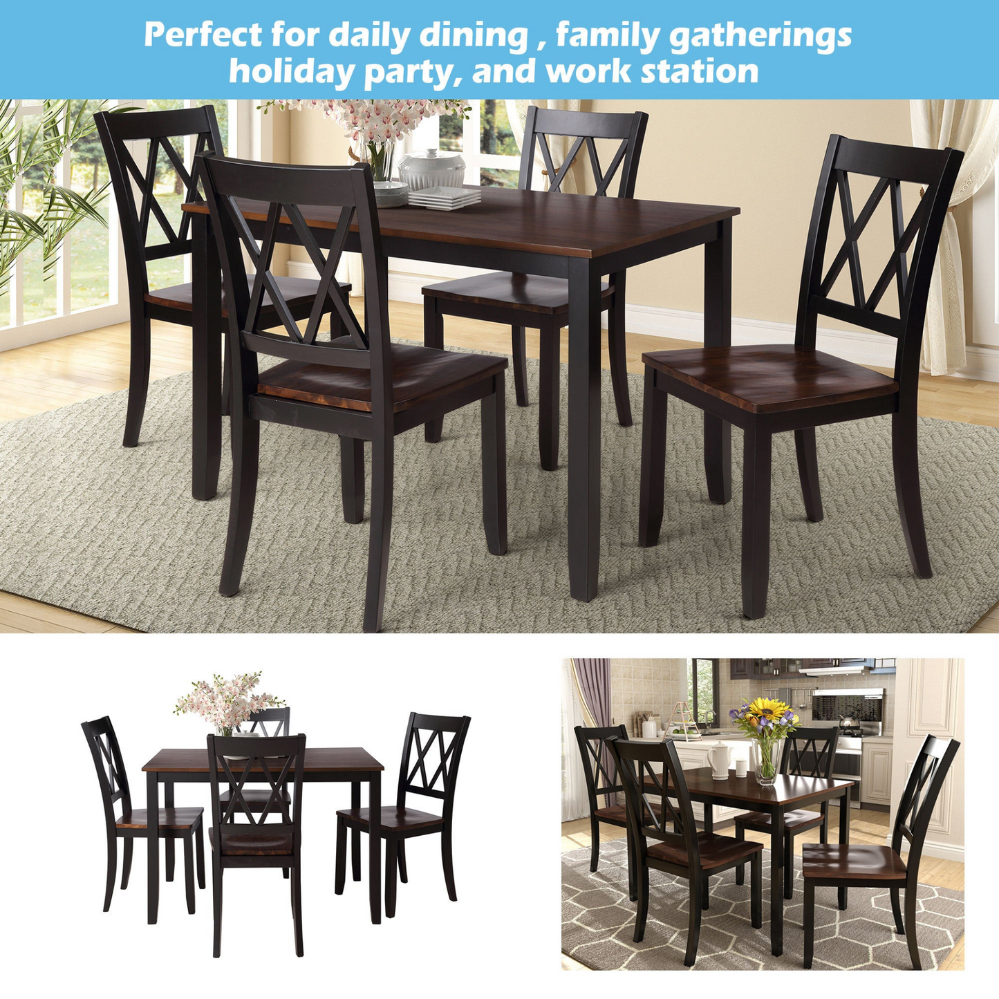 5-Piece Dining Table Set Home Kitchen Table and Chairs Wood Dining Set, Black+Cherry