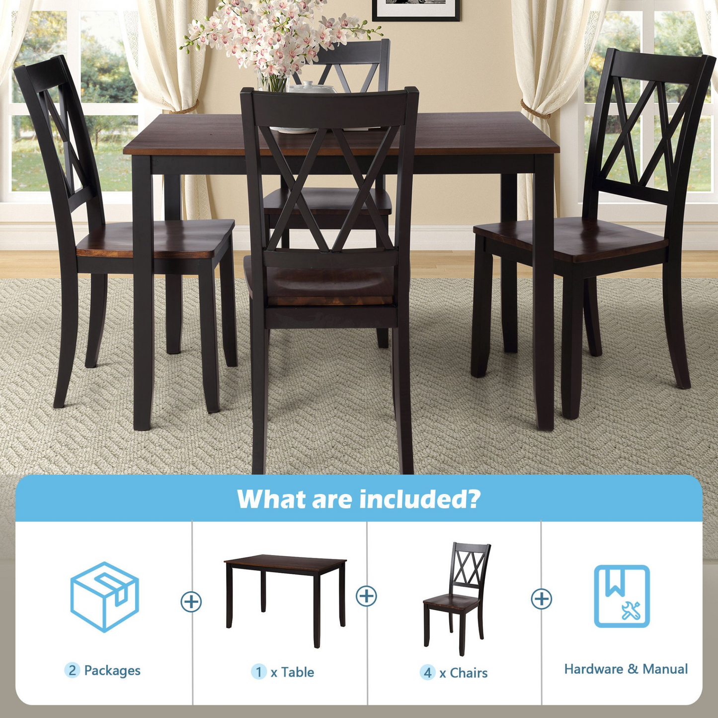 5-Piece Dining Table Set Home Kitchen Table and Chairs Wood Dining Set, Black+Cherry