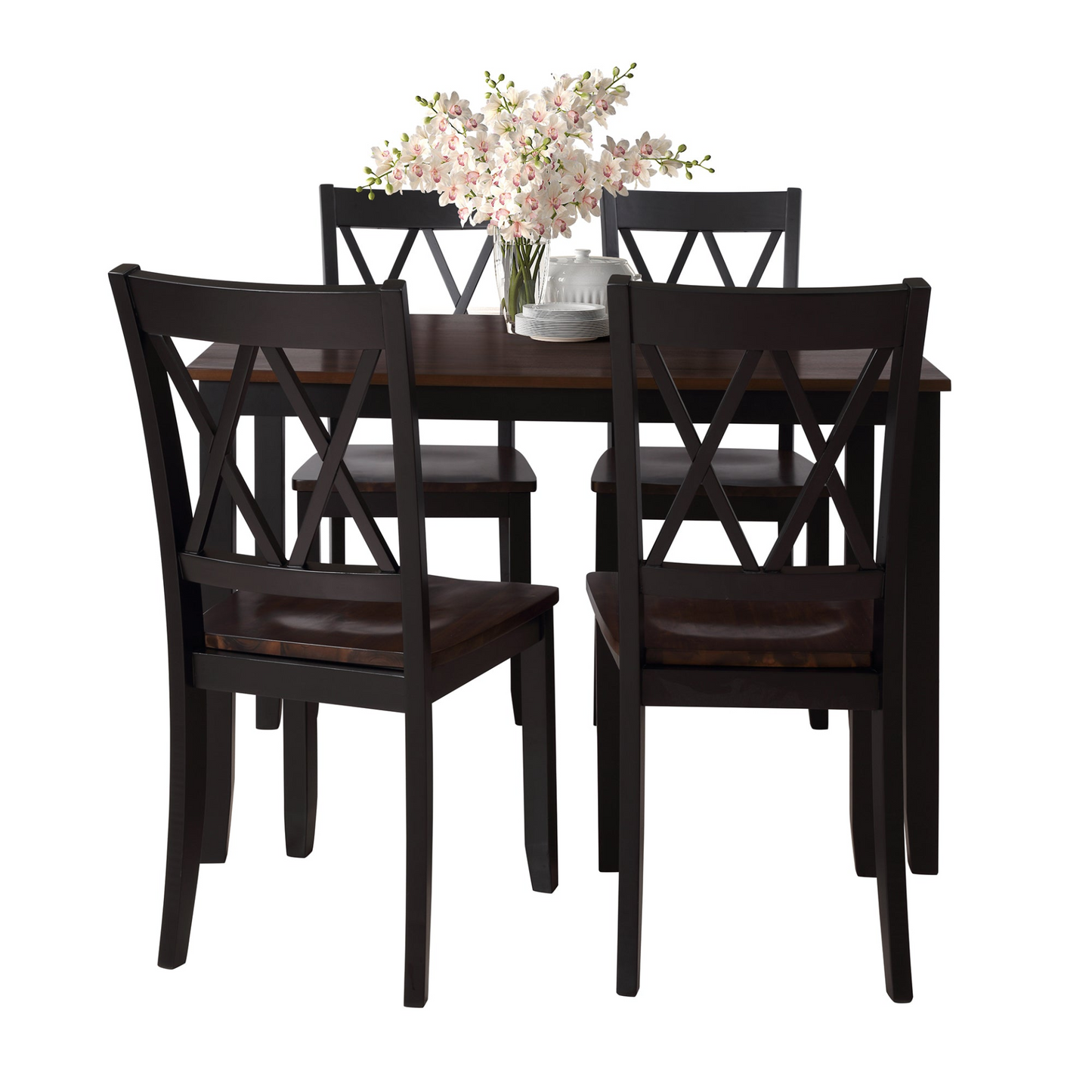 5-Piece Dining Table Set Home Kitchen Table and Chairs Wood Dining Set, Black+Cherry