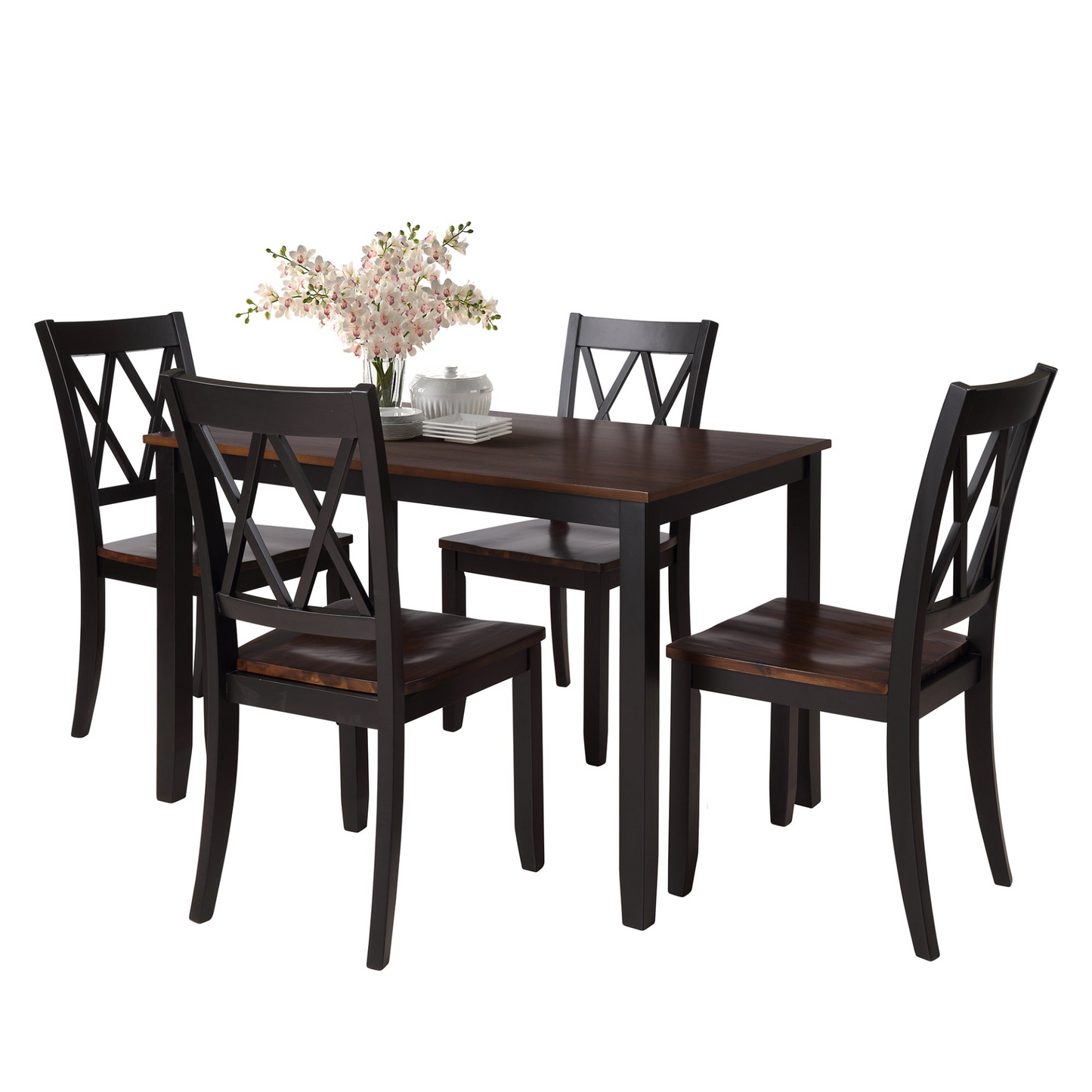 5-Piece Dining Table Set Home Kitchen Table and Chairs Wood Dining Set, Black+Cherry