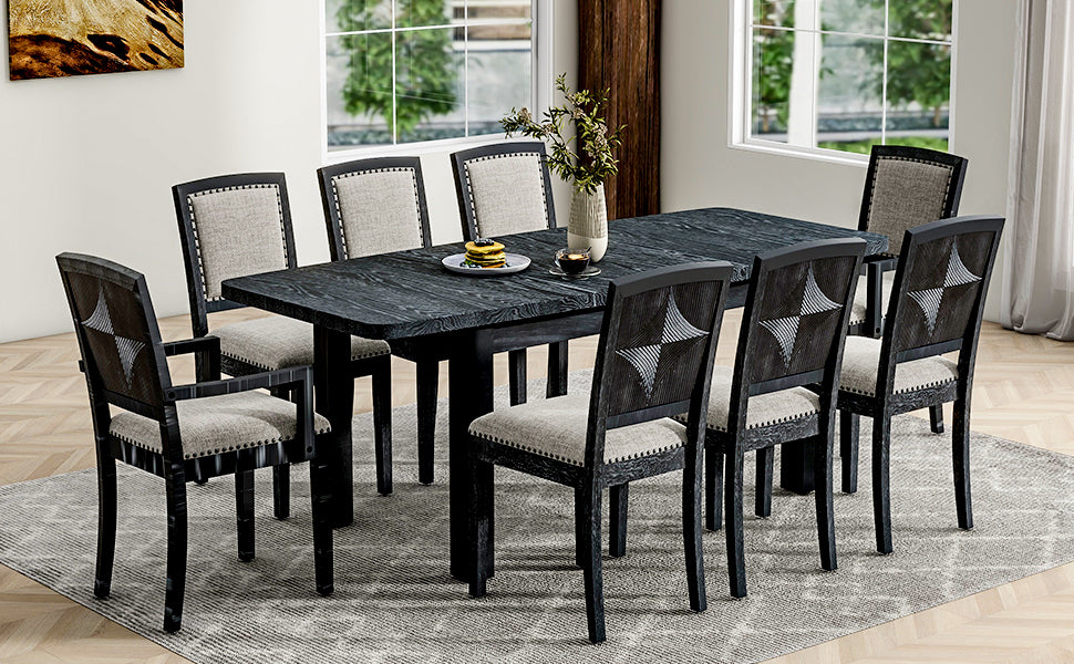 Rustic Extendable 84inch Dining Table Set with 24inch Removable Leaf , 6 Upholstered Armless Dining Chairs and 2 Padded Arm Chairs, 9 Pieces, Black