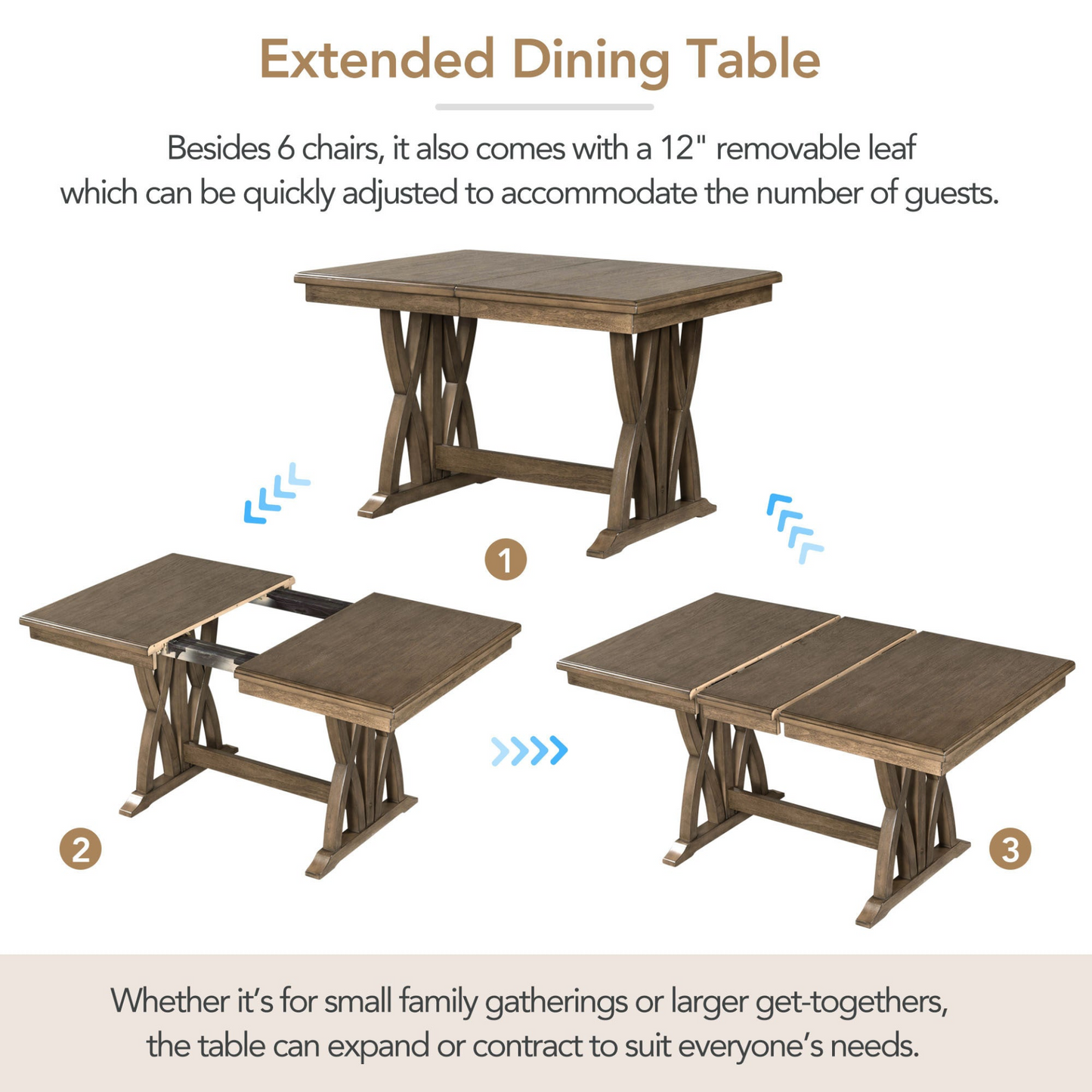 Mid-Century Solid Wood 7-Piece Dining Table Set Extendable Kitchen Table Set with Upholstered Chairs and 12" Leaf for 6, Golden Brown+Gray Cushion