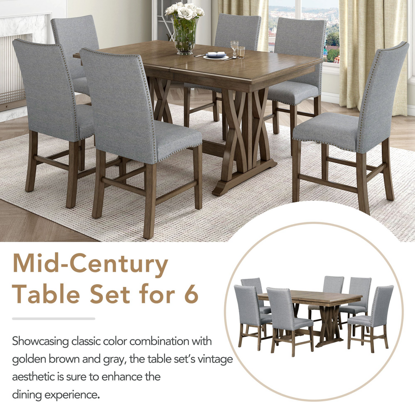 Mid-Century Solid Wood 7-Piece Dining Table Set Extendable Kitchen Table Set with Upholstered Chairs and 12" Leaf for 6, Golden Brown+Gray Cushion