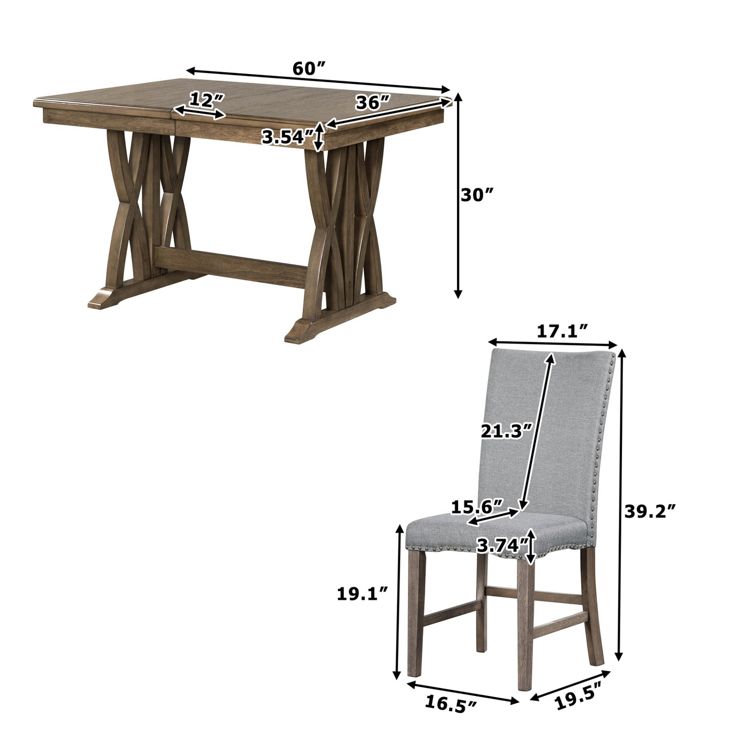 Mid-Century Solid Wood 7-Piece Dining Table Set Extendable Kitchen Table Set with Upholstered Chairs and 12" Leaf for 6, Golden Brown+Gray Cushion