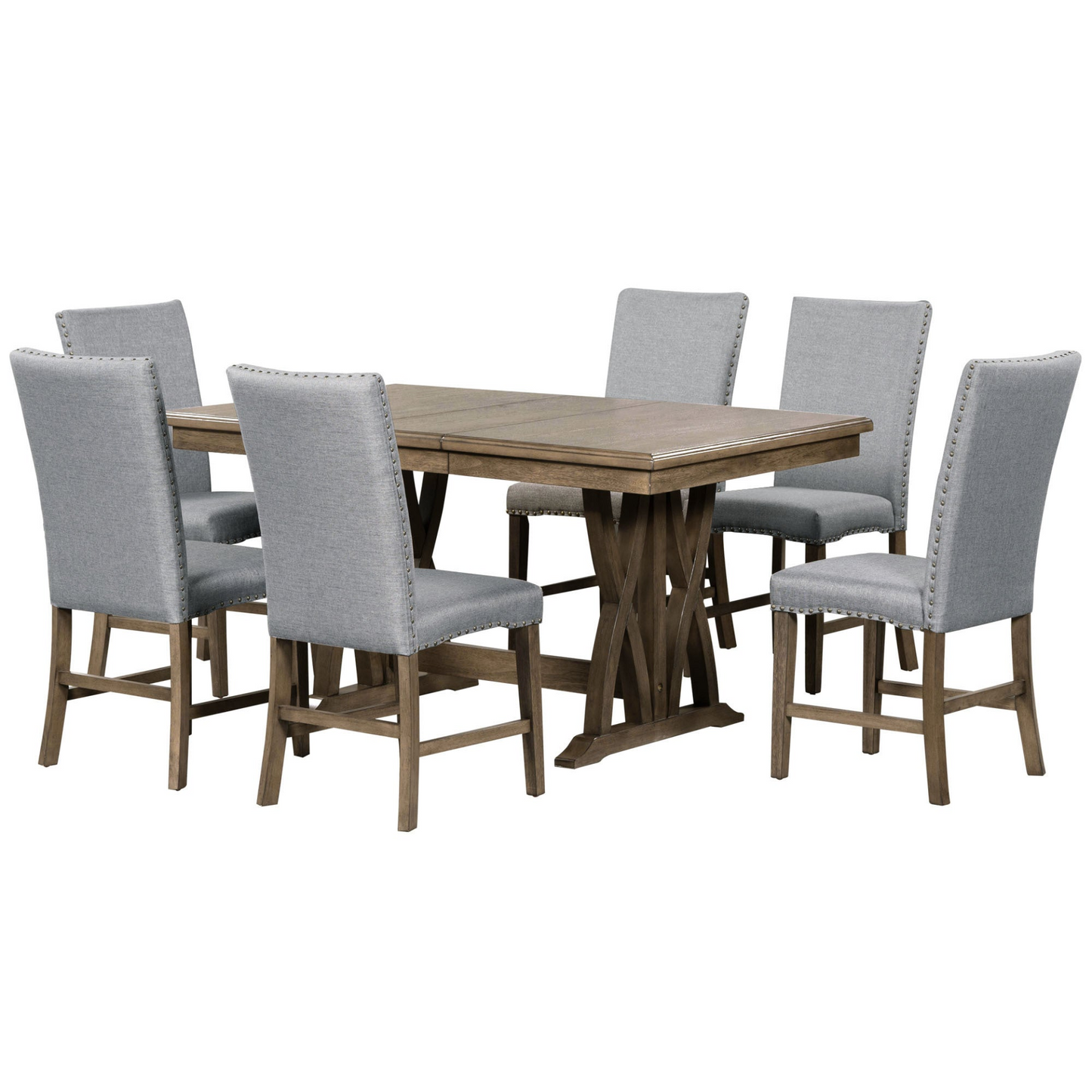 Mid-Century Solid Wood 7-Piece Dining Table Set Extendable Kitchen Table Set with Upholstered Chairs and 12" Leaf for 6, Golden Brown+Gray Cushion