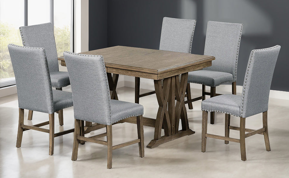 Mid-Century Solid Wood 7-Piece Dining Table Set Extendable Kitchen Table Set with Upholstered Chairs and 12" Leaf for 6, Golden Brown+Gray Cushion