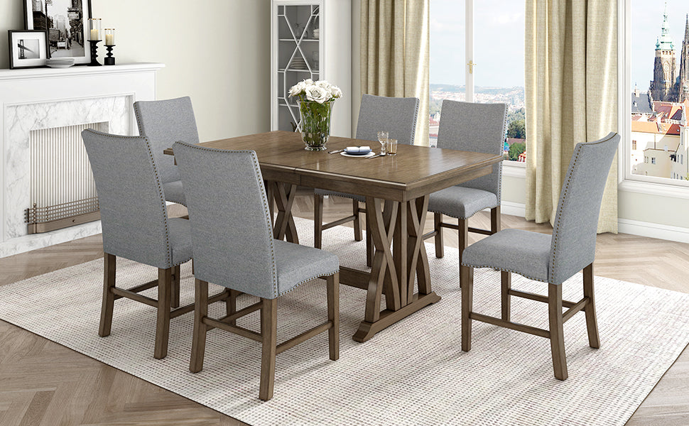 Mid-Century Solid Wood 7-Piece Dining Table Set Extendable Kitchen Table Set with Upholstered Chairs and 12" Leaf for 6, Golden Brown+Gray Cushion