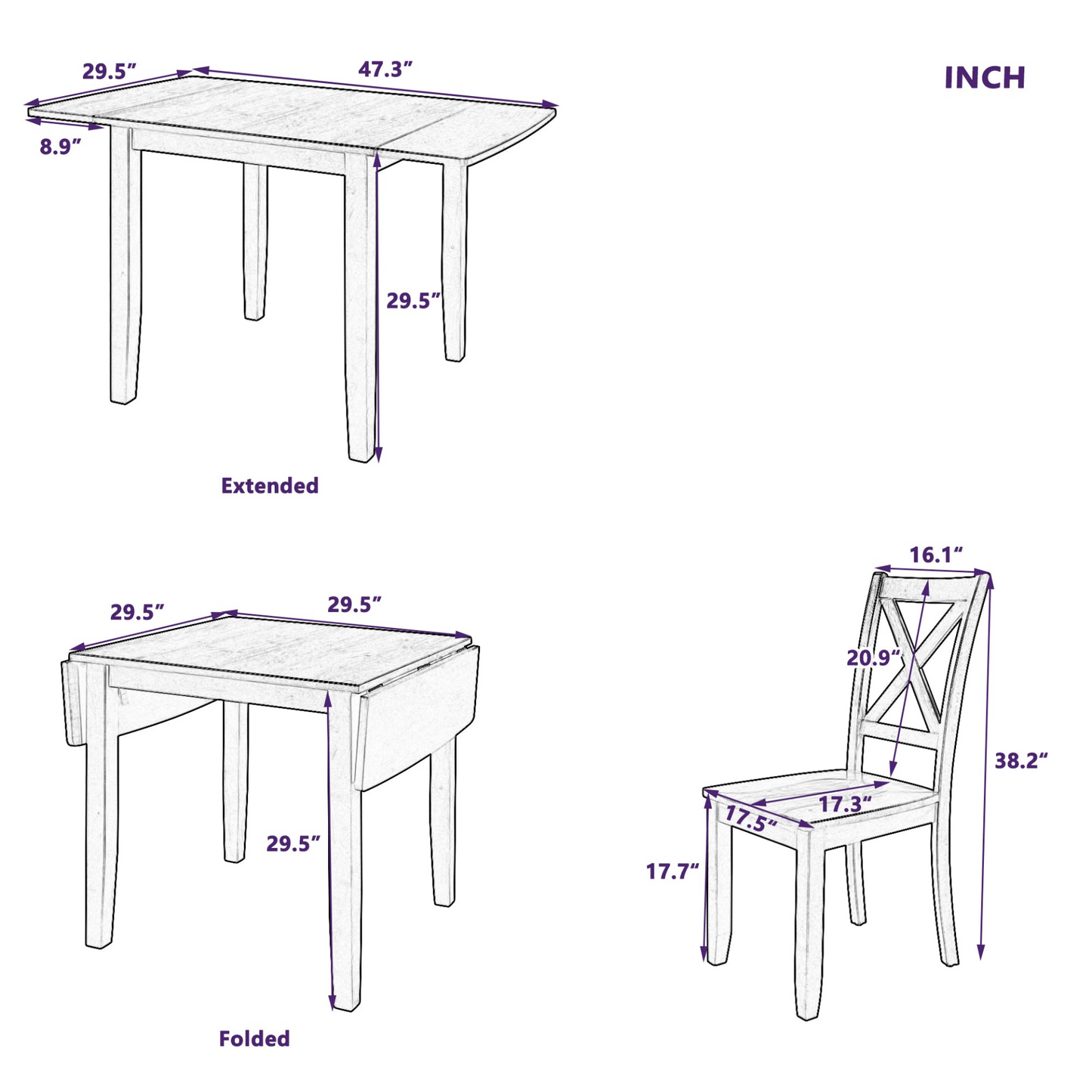 3-Piece Wood Drop Leaf Breakfast Nook Dining Table Set with 2 X-back Chairs for Small Places, Espresso