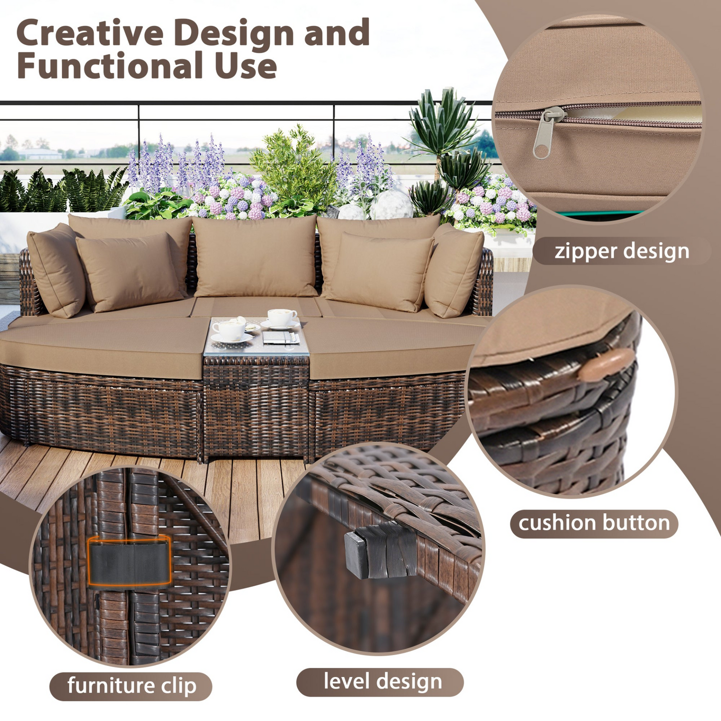 6-Piece Patio Outdoor Conversation Round Sofa Set, PE Wicker Rattan Separate Seating Group with Coffee Table, Brown