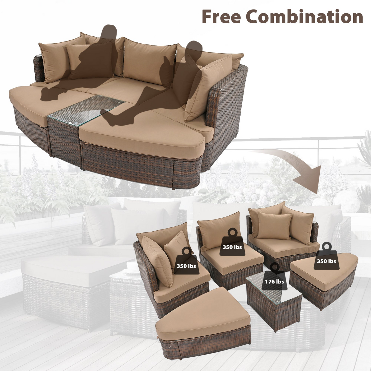 6-Piece Patio Outdoor Conversation Round Sofa Set, PE Wicker Rattan Separate Seating Group with Coffee Table, Brown