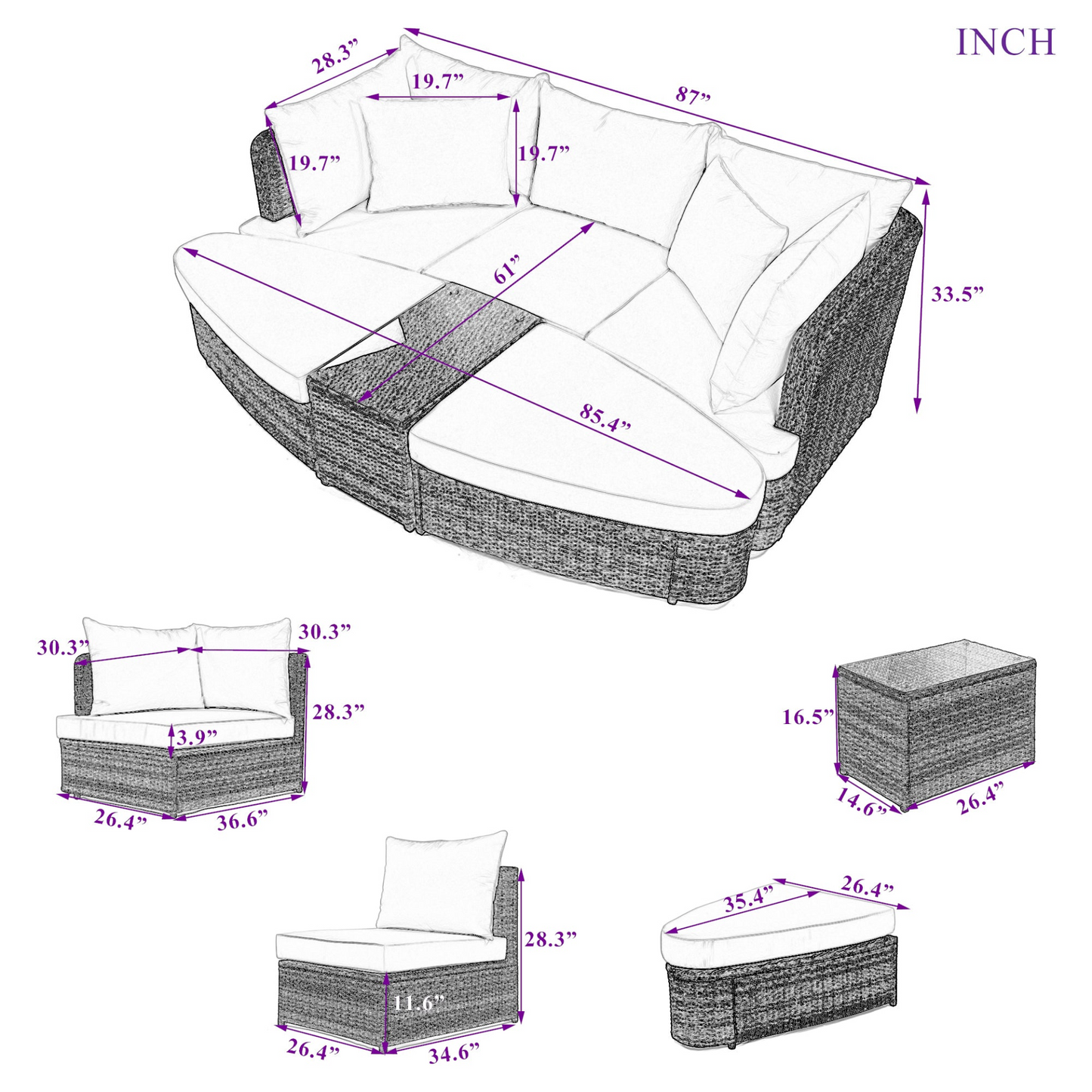 6-Piece Patio Outdoor Conversation Round Sofa Set, PE Wicker Rattan Separate Seating Group with Coffee Table, Brown