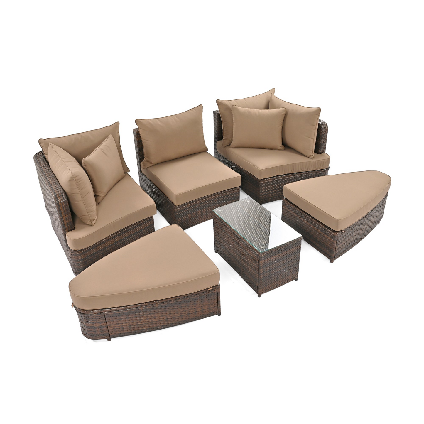 6-Piece Patio Outdoor Conversation Round Sofa Set, PE Wicker Rattan Separate Seating Group with Coffee Table, Brown