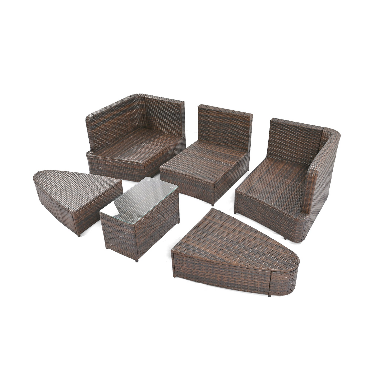 6-Piece Patio Outdoor Conversation Round Sofa Set, PE Wicker Rattan Separate Seating Group with Coffee Table, Brown