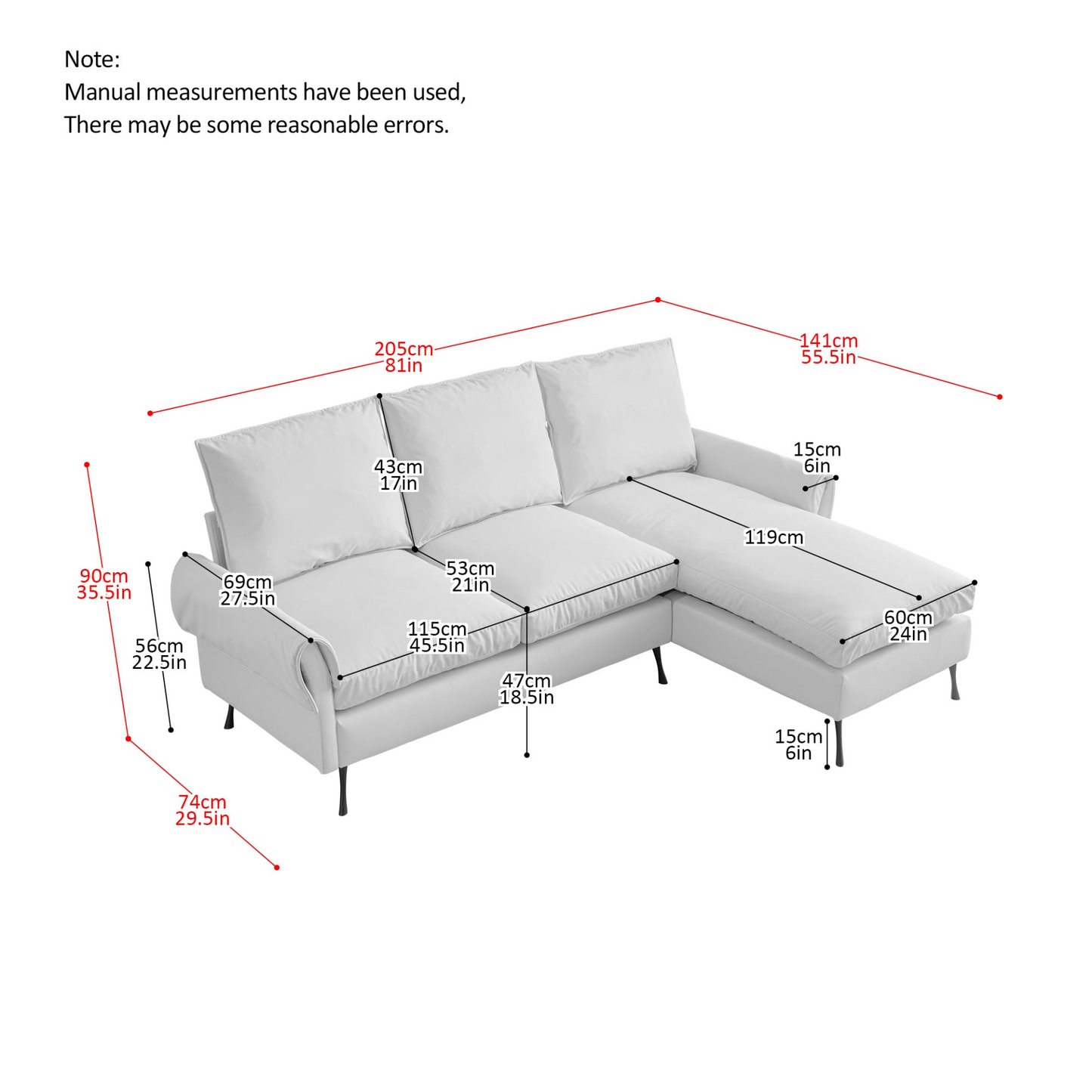 81"Modern Sectional Technical leather L-Shaped Sofa Couch with Reversible Chaise Lounge