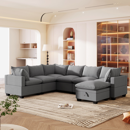 120*93" Modern U Shape Modular Sofa with Storage Ottoman,Luxury 7 Seat Sectional Couch Set with 2 Pillows Included,Freely Combinable Indoor Funiture for Living Room, Apartment