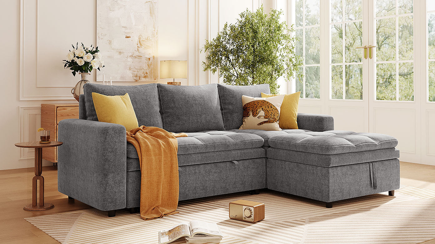 Soft Upholstered Sectional Sofa Bed with Storage Space, Suitable for Living Rooms and Apartments.