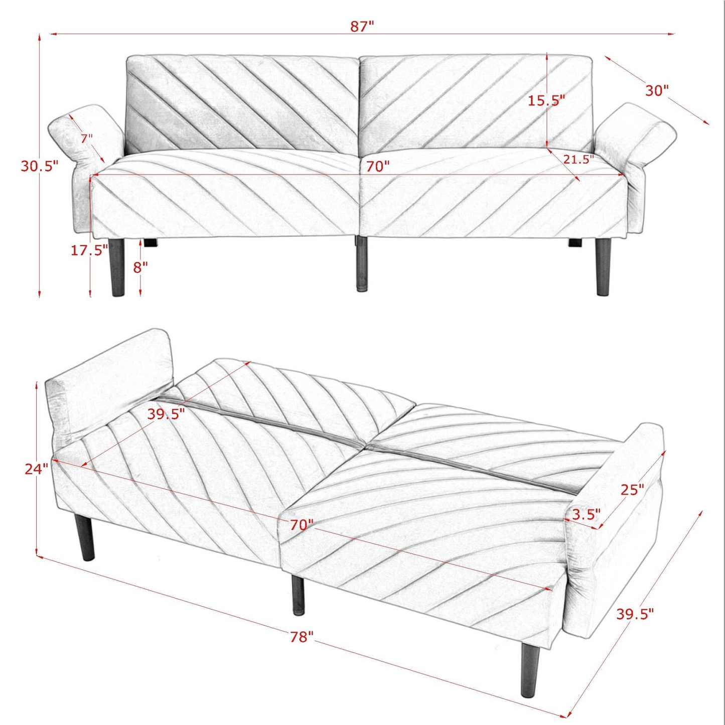 Velvet Futon Couch Convertible Folding Sofa Bed Tufted Couch with Adjustable Armrests for Apartment