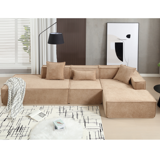 Modular combination living room sofa set, modern minimalist sofa, free installation sofa, L-shaped, Italian minimalist tofu block sofa,  Right-Hand Facing,Light Brown