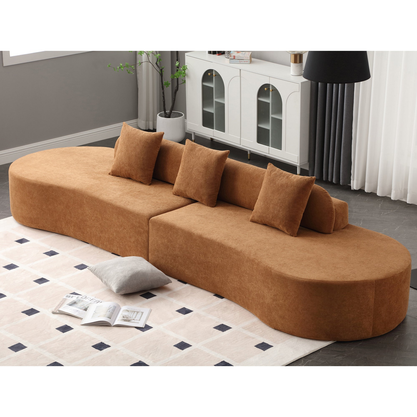 Modern curved combination sofa, terrycloth fabric sofa, minimalist sofa in living room, apartment, no assembly required, three pillows,Browm