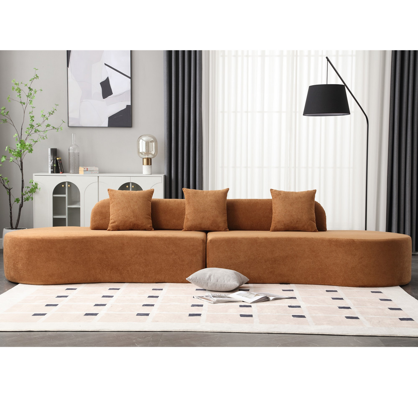 Modern curved combination sofa, terrycloth fabric sofa, minimalist sofa in living room, apartment, no assembly required, three pillows,Browm